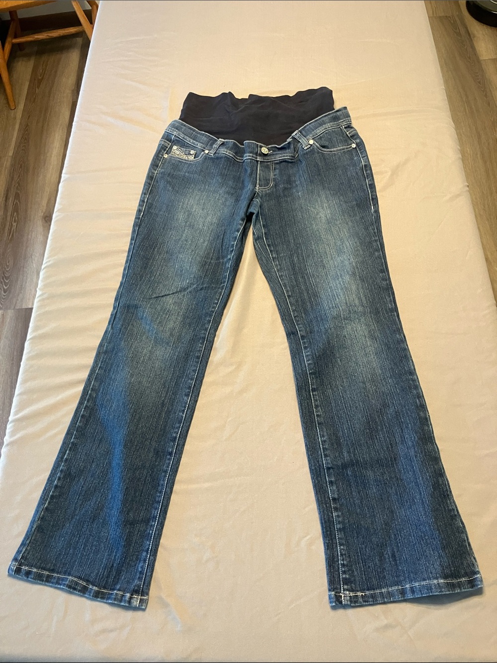 Three Seasons Maternity Blue Flare Jeans with Black Belly Panel
